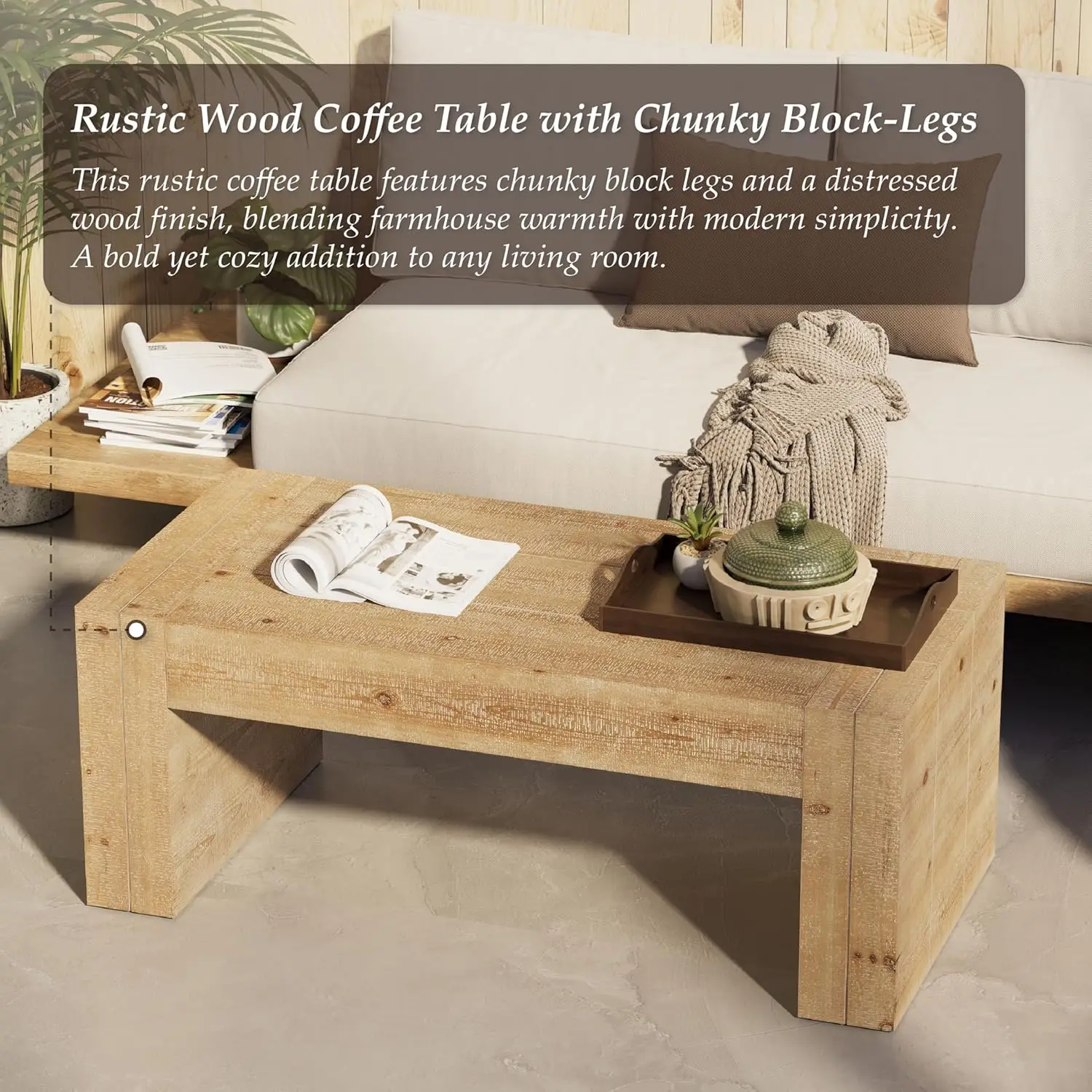 طاولة قهوة خشبية ريفية حديثة بأرجل سميكة، طاولة مركزية مستطيلة لغرفة المعيشة، تصميم لمسة نهائية طبيعية، مزرعة قوية S