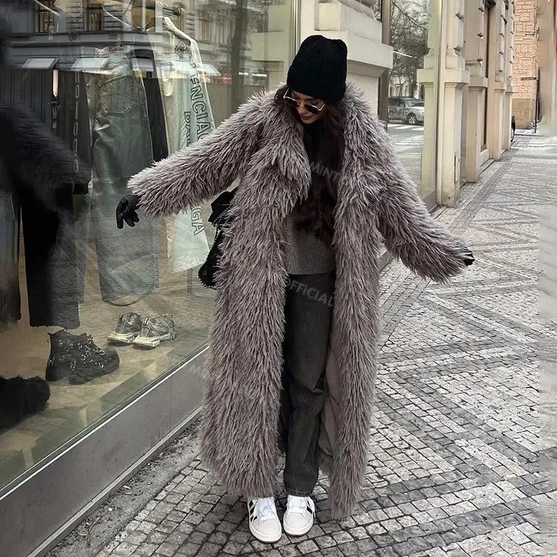 Neo Mint Extra Long Eco Lamb Sheep Fur Coat Women 2024 Winter Ladies Mob Wife Style Oversized Chunky Faux Fur Jacket Overcoat