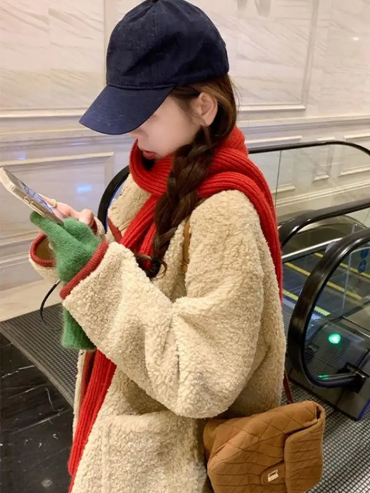 

Thiened Cisas Lamb Fur Jaet Women's Autumn Winter New Year Warmth Collar Flip Outerwear Korean Sle Loose Fit Long S...