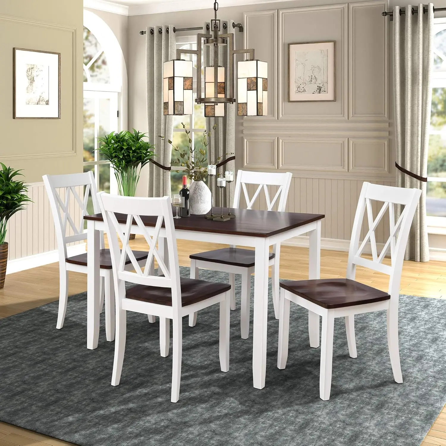 Farmhouse Style 5 Piece Dining Comfortable Table Set With 4 Chairs, Long-Lasting Solid Wood Home Kitchen Set, Easy Assembly And