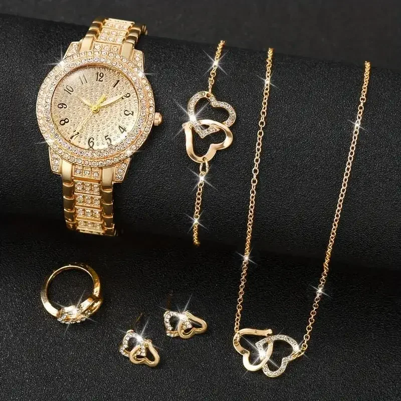 6pcs Ladies' Luxury Fashion Watch and Heart-Shaped Accessory Set, Suitable for Daily Wear and Perfect Gift for Friends