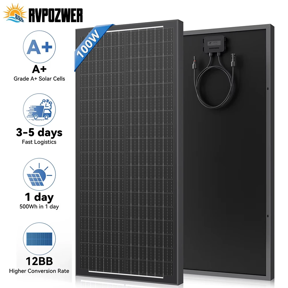 RVPOZWER 12BB Solar Panels 100W 12V N-Type Solar Cells Monocrystalline 23% High-Efficiency PV Power for Home Rooftop Outdoor