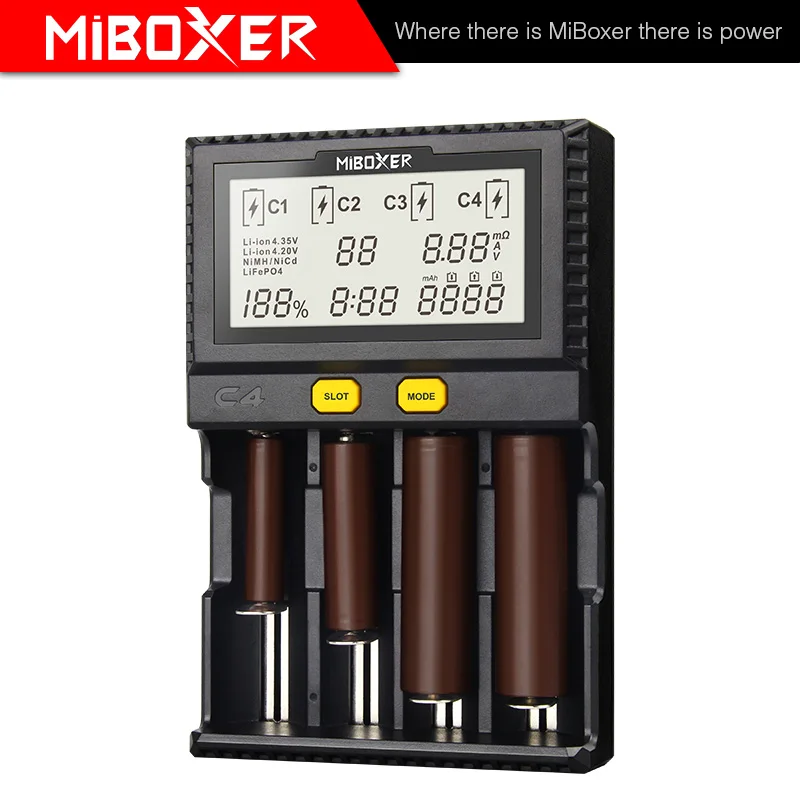 MiBoxer C4 Battery Smart Charger Double AA Max 2.5A/Slot Super Fast 18650 14500 26650 Charger discharge Charge function