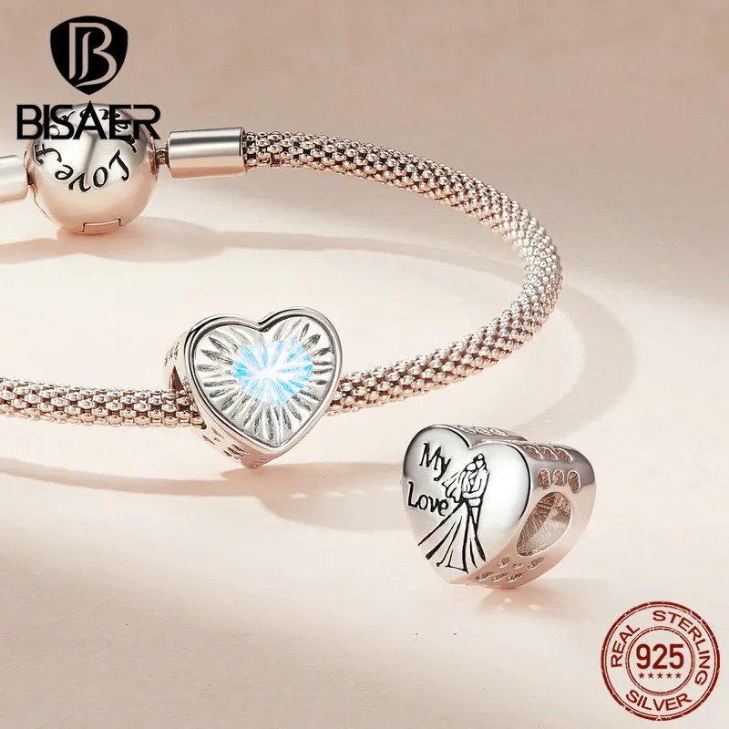 BISAER 925 Sterling Silver Shining Heart Rose Charm Bead Wedding Dress & Ring Pendant Fit Valentine's Day Bracelet Fine Jewelry