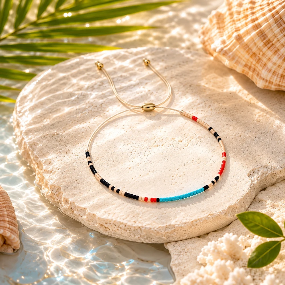 1pc Bohemian Adjustable Strand Bracelet Turquoise Blue Black Red Beige Geometric Seed Bead Pattern Lace-Up Cord