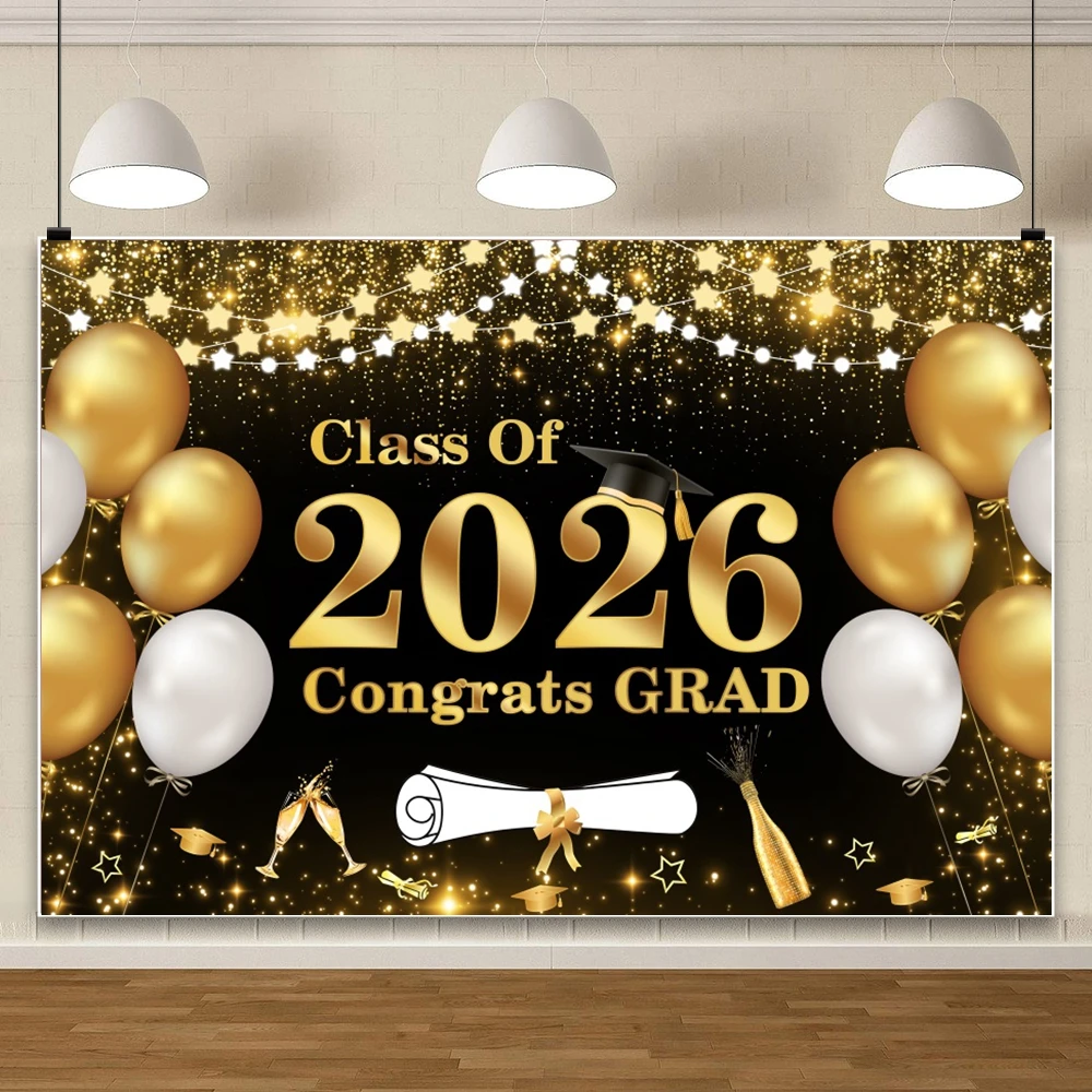 Class Of 2026 Graduation Decoration Backdrop Gold Glitter Cap Diploma Balloon For Graduation Celebration Party Photo Background