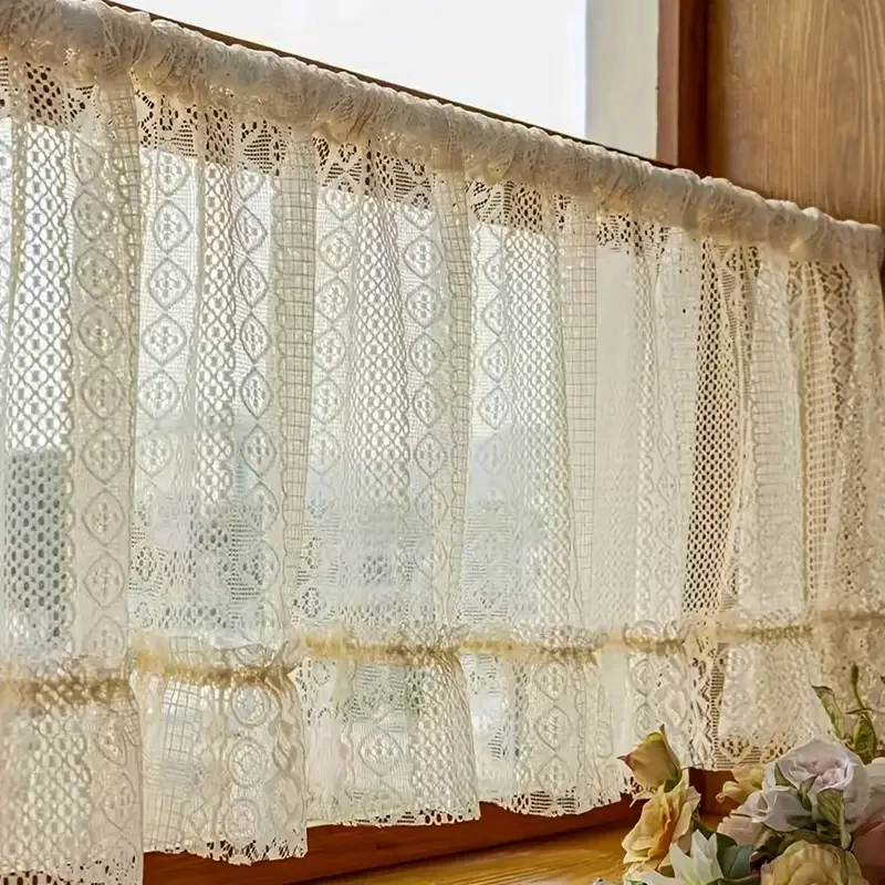 Beige Lace Curtain with Ruffles Vintage Crochet Tulle Sheer Window Curtains for Living Room Bedroom Rod Pocket Drapes Home Decor