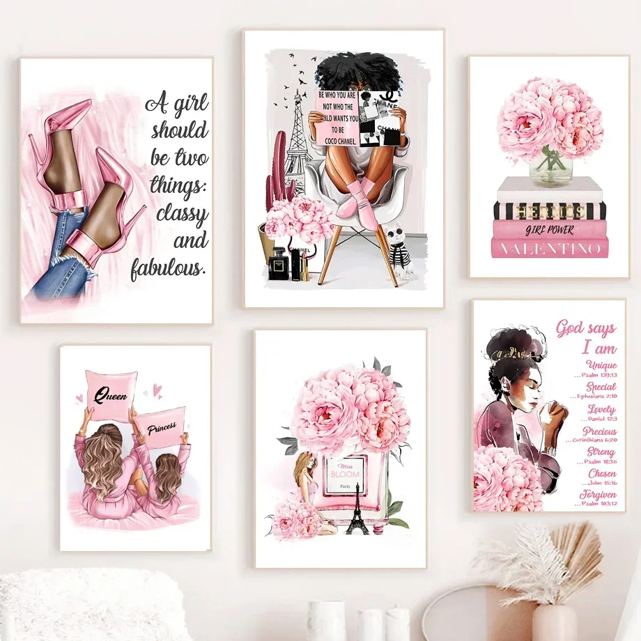 Fashion Black Girl Heels Peony Book Paris Perfume Art  Nordic Posters and Prints Canvas PaintingWall Pictures Living Room Decor
