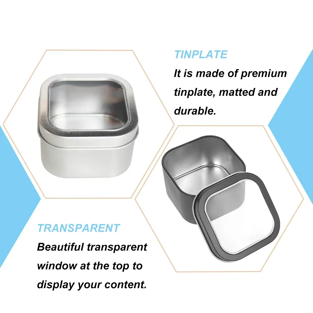 6PCS Empty Square Metal Tins with Clear Window Silver Black Tinplate Can for Candle Making Candies Gifts & Treasures Container