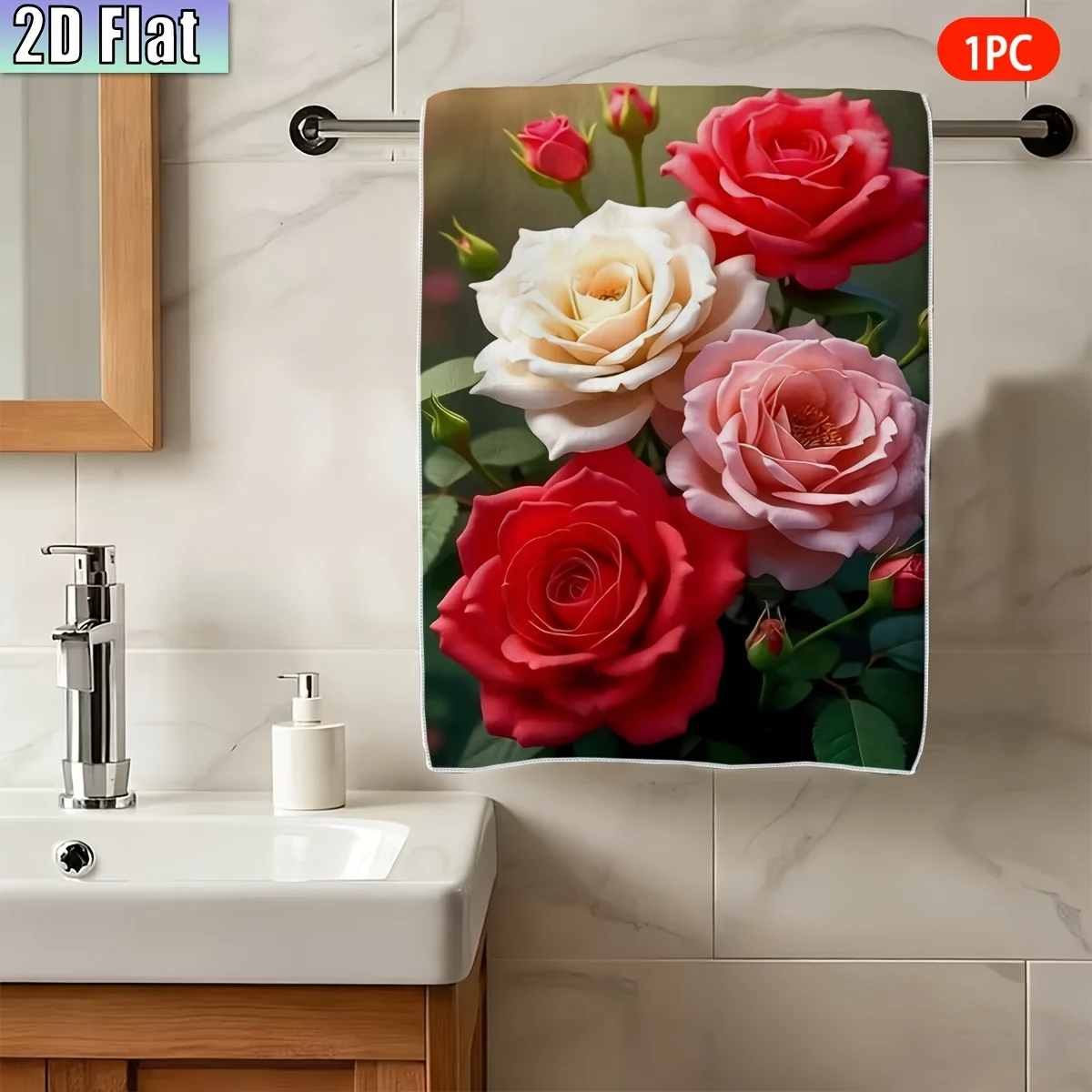 1pc Vibrant Red Pink Rose Printed Kitchen Towel, Soft Absorbent Hand Towel, Perfect for Bathroom, Kitchen, Flower Lover Gift