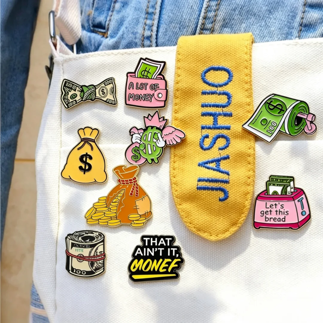 Creative Money Enamel Lapel Pins Set Hip Hop Dollar Cash Bag Brooch Badges Funny Metal Pin For Backpack Jacket Streetwear Decor