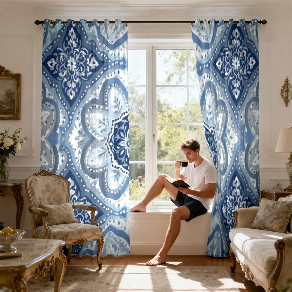 2PCS Vintage Indigo Mandala 90% Blackout Curtains, Bohemian Tile Pattern Thermal Insulated Drapes for Bedroom Living Room