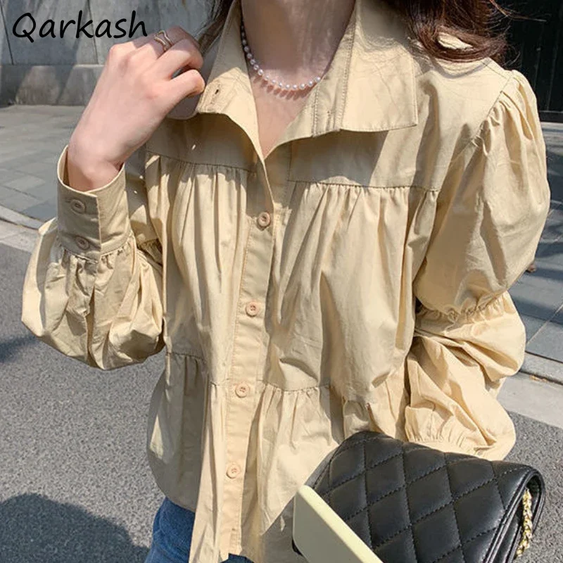 

Рубашки, женские дизайнерские топы с гофрированными рукавами-фонариками, простая универсальная одежда для девочек, элегантная милая уличная одежда, праздничная популярная одежда