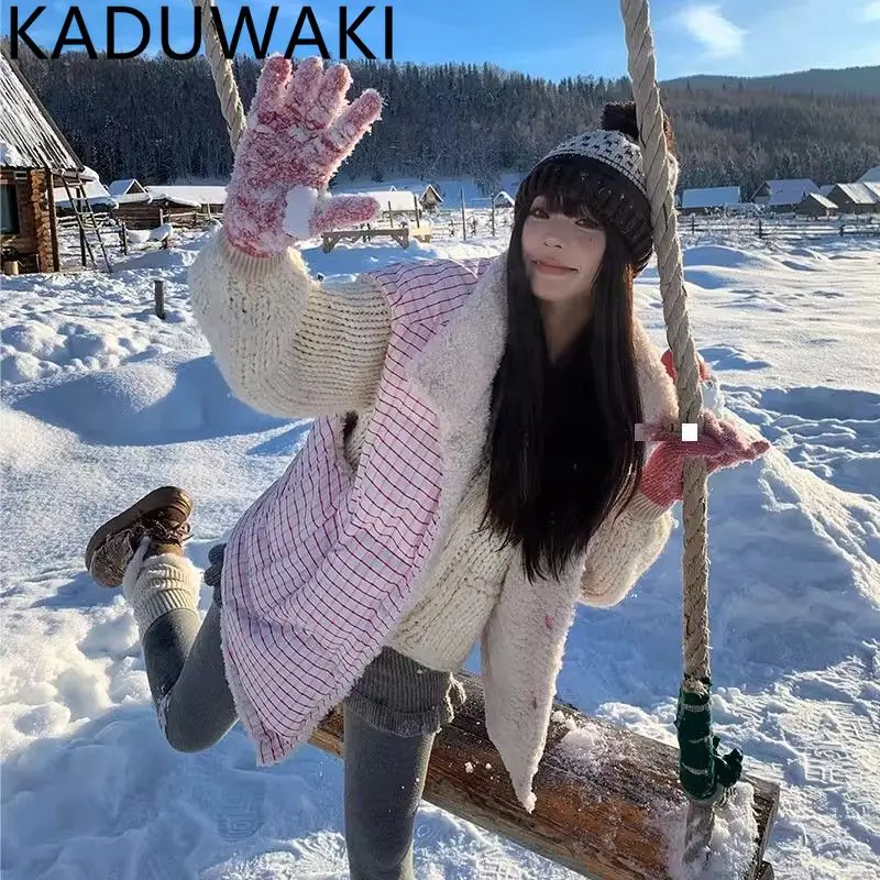 

Korean Sweet Plaid Lambskin Vest Coat Women 2025 New Autumn Winter Thick Warm Reversible Sleeveless Jacket Fashion Y2k Gilet