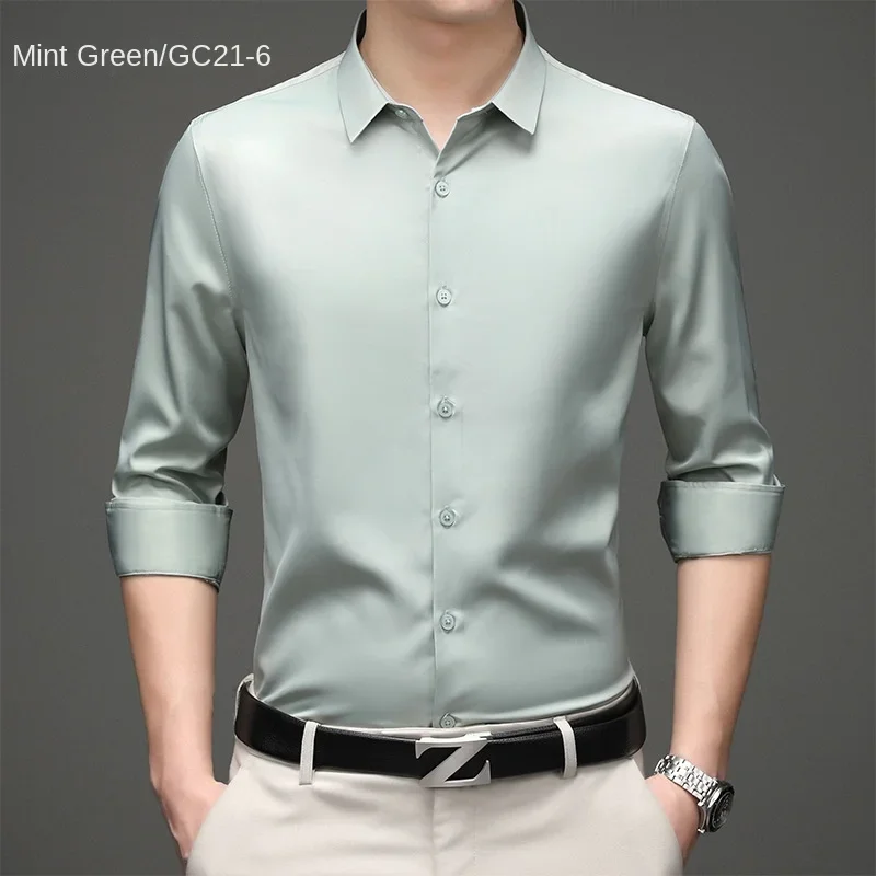 Micro-elastic men\'s silk satin blue shirt breathable business casual Korean slim professional long-sleeved white shirt.