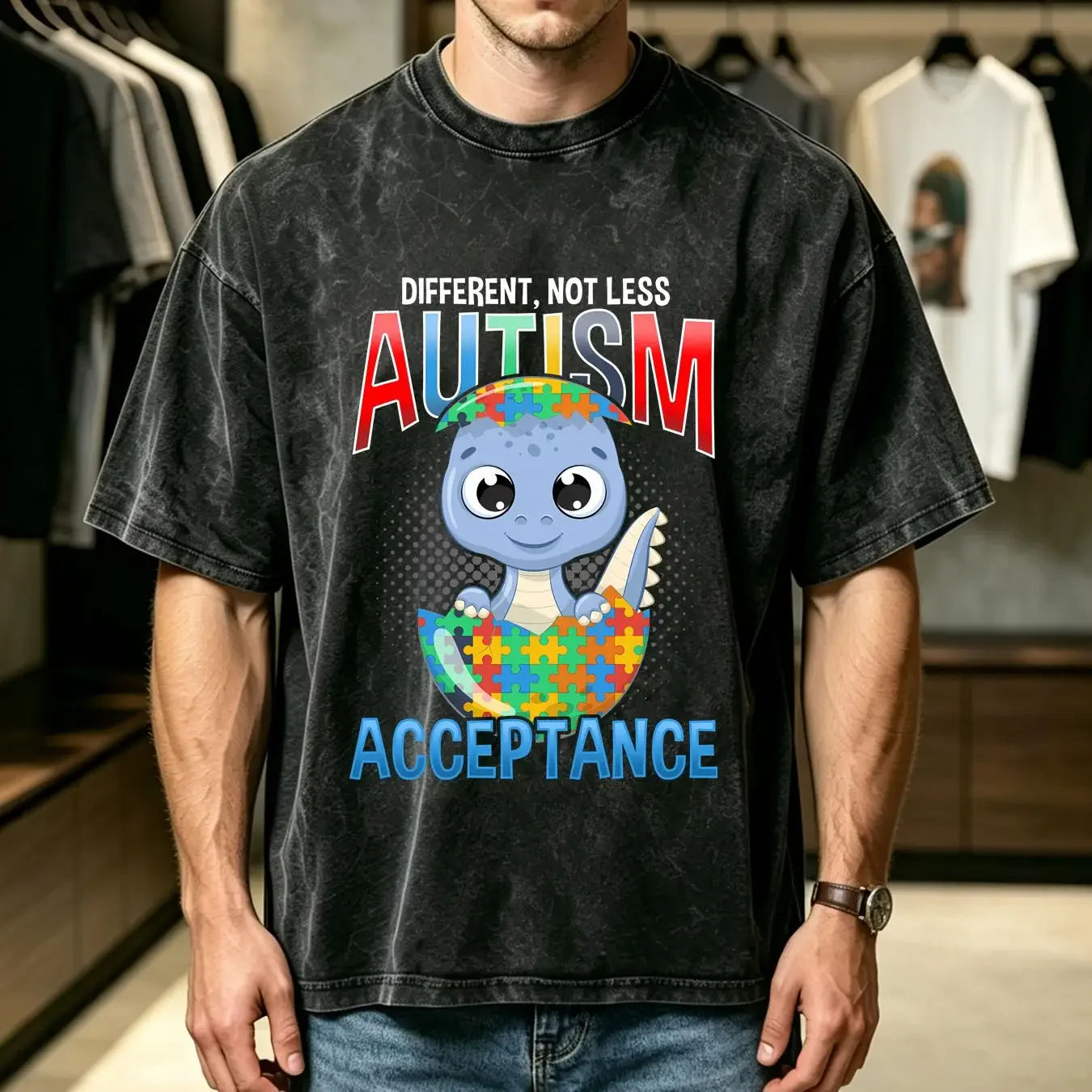 washed T Shirt Autism Awareness Puzzle Cute Dino Autistic Kid Collaboration Backpack Large Capacity Foldable Clothes Backpacks