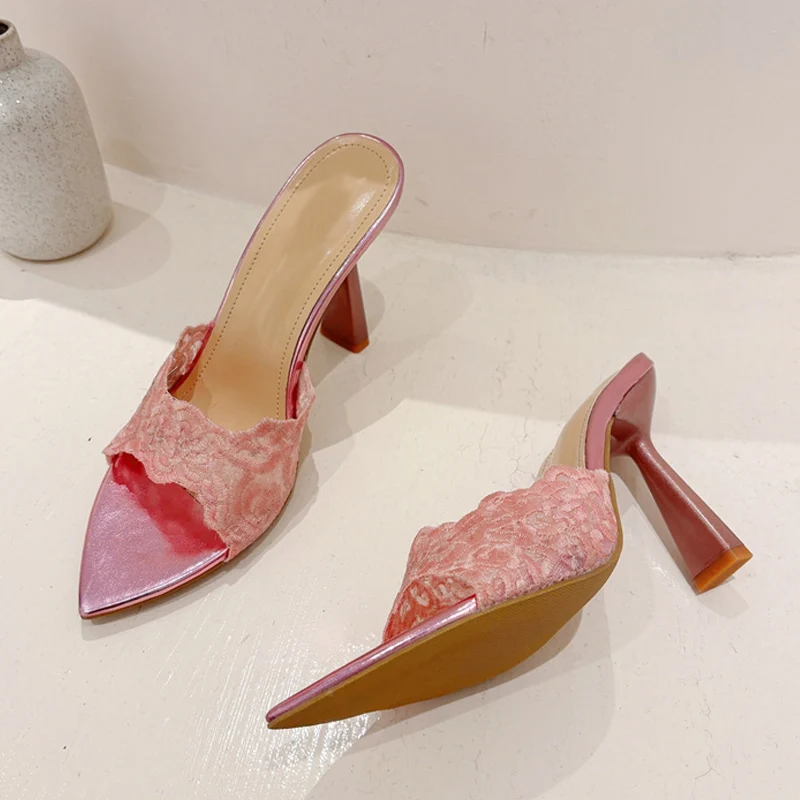 Liyke High Quality Handwork Embroidery Hemp Women Slippers Sandals Sexy Pointed Toe Gold Heels Mules Summer Party Slides Shoes image 3