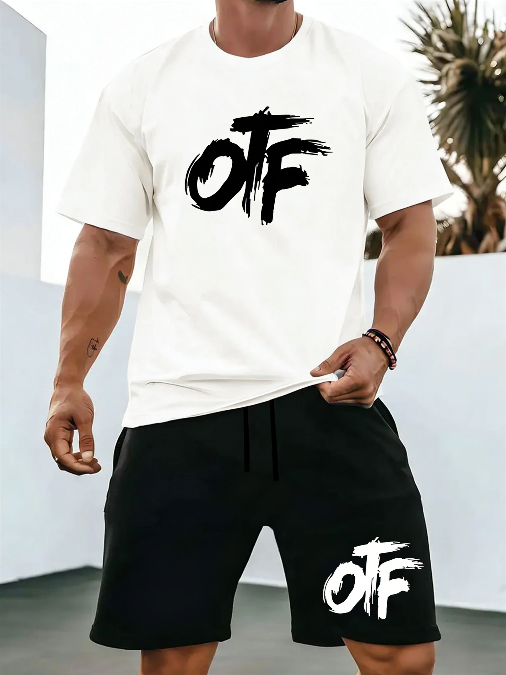 

Men's Summer New Two-Piece Set, Knit Fabric Crew Neck T-Shirt & Shorts, Loose Fit Casual Sports Outfit T-Shirts Co-ords