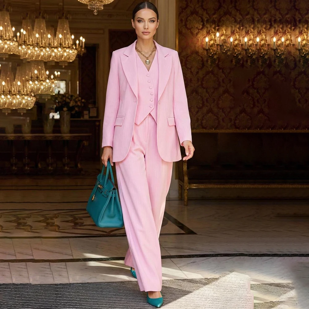 

Luxury Pink Women's Blazer Suits Elegant One-Button Leisure 3 Piece Jacket Pants Vest Customzied Female Clothing for Evening