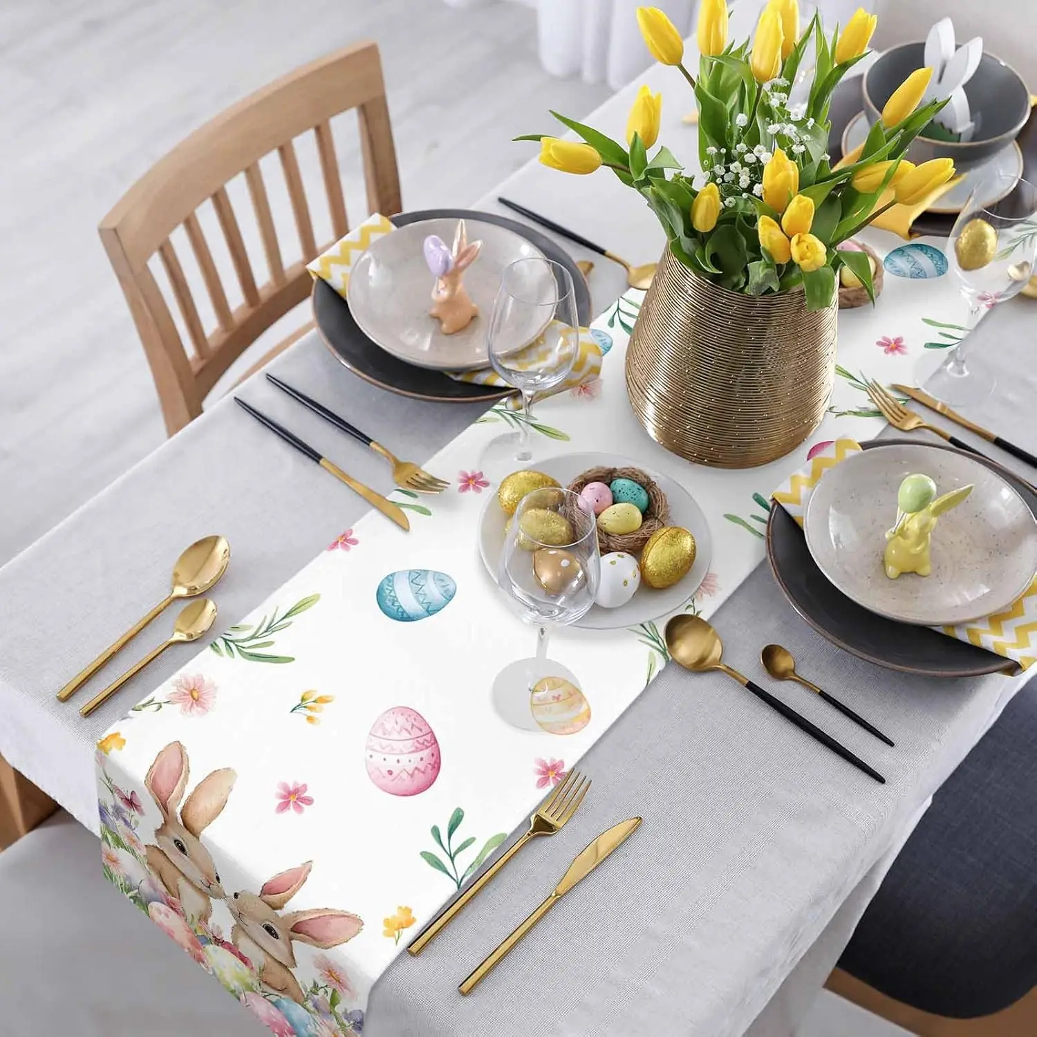Spring Easter Bunny Colorful Eggs Floral Linen Table Runner Party Decor Farmhouse Kitchen Dining Table Runner Easter Decorations