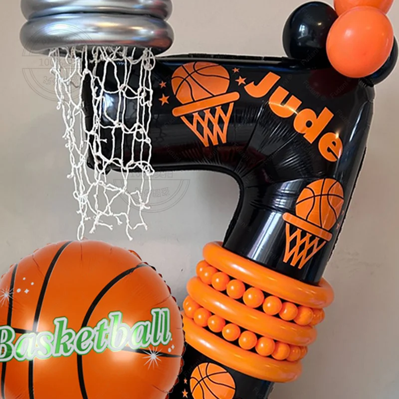 Set di 40 palloncini in lattice nero arancione con numero nero Palla da basket in alluminio per decorazioni per feste con palloncini di compleanno