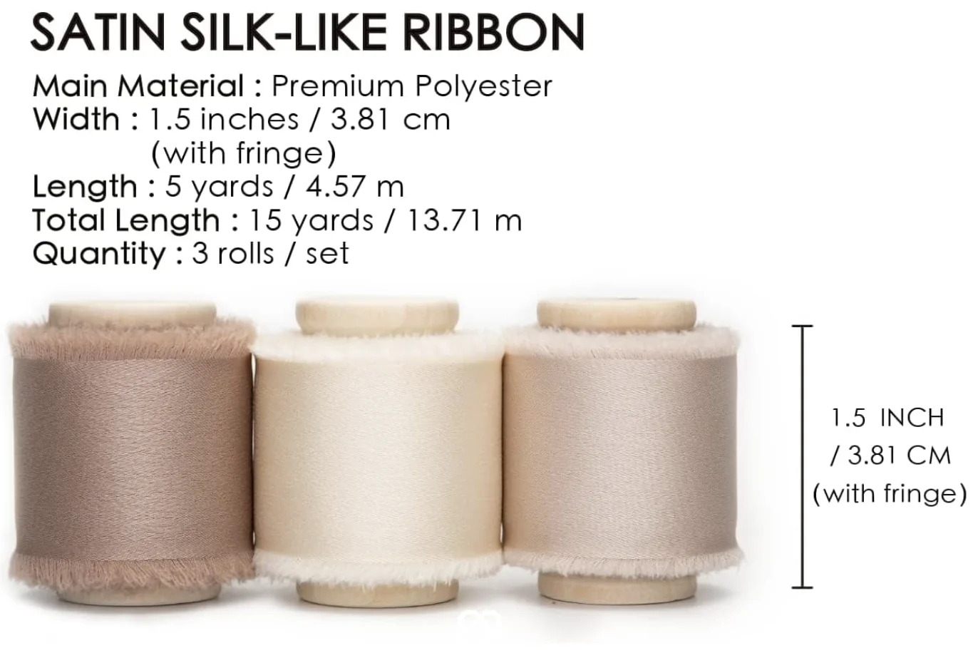 Silk Satin Ribbon 1-1/2 inch x 15 Yard with Wooden Spool Champagne & Nude Handmade Frayed Ribbons for Gift Wrapping Baby Shower