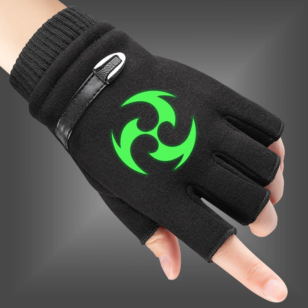 Anemo Element Autumn Kids Gloves Men Woman Gloves Genshin Impact Fluorescent Luminous Fingerless Gloves Warm Knitted Gloves