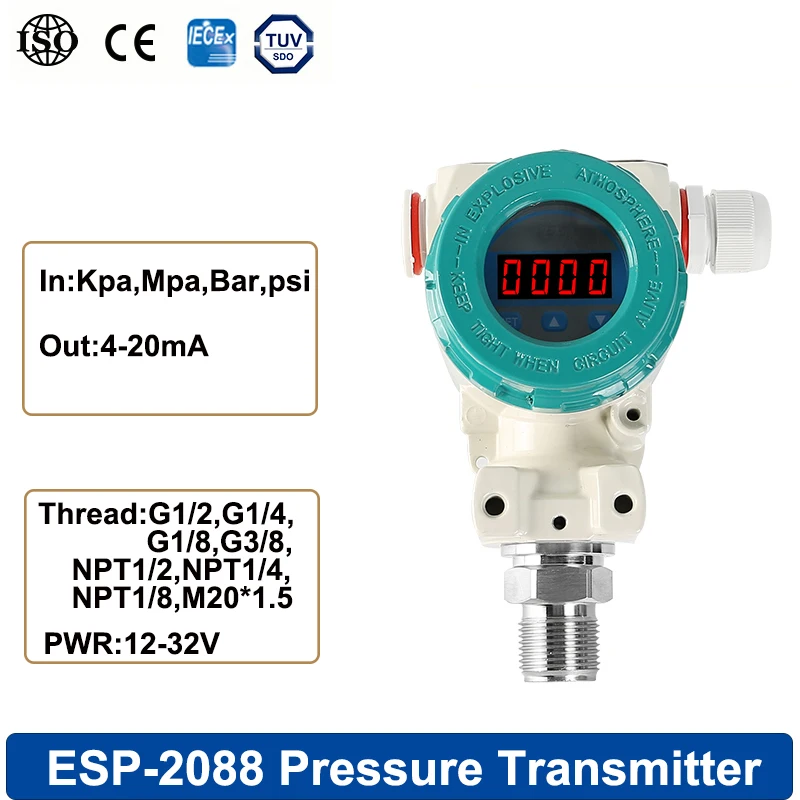 LED Display 2088 Pressure Sensor Silicon -1-0-1000bar 4-20mA Output Water Pipe Pressure Transducer Fuel Pressure Transmitter