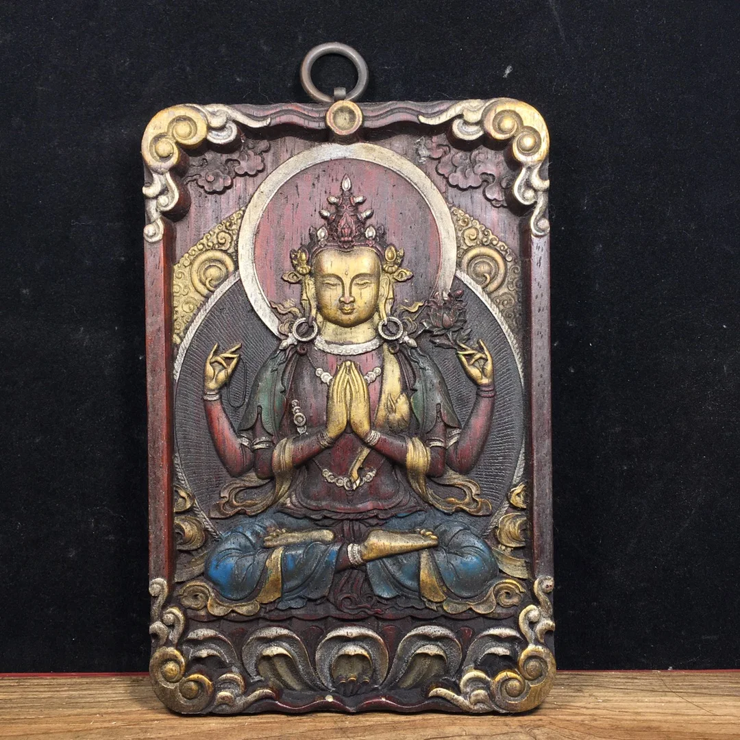 

8"Tibetan Temple Collection Old Rosewood Painted Gilded Four armed Guanyin Sitting Buddha Thangka Wall hanging Worship Hall