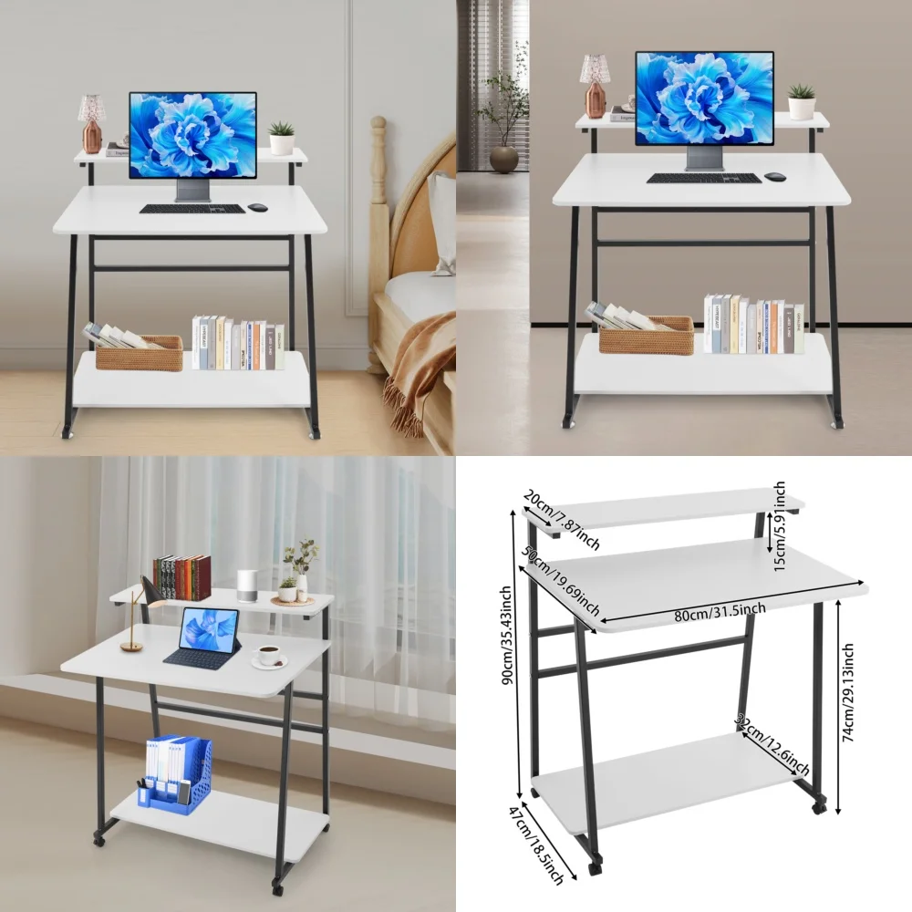 

Computer Desks3 Tier Rolling Computer Desk for Home Office Space Saving Workstation in Black and White