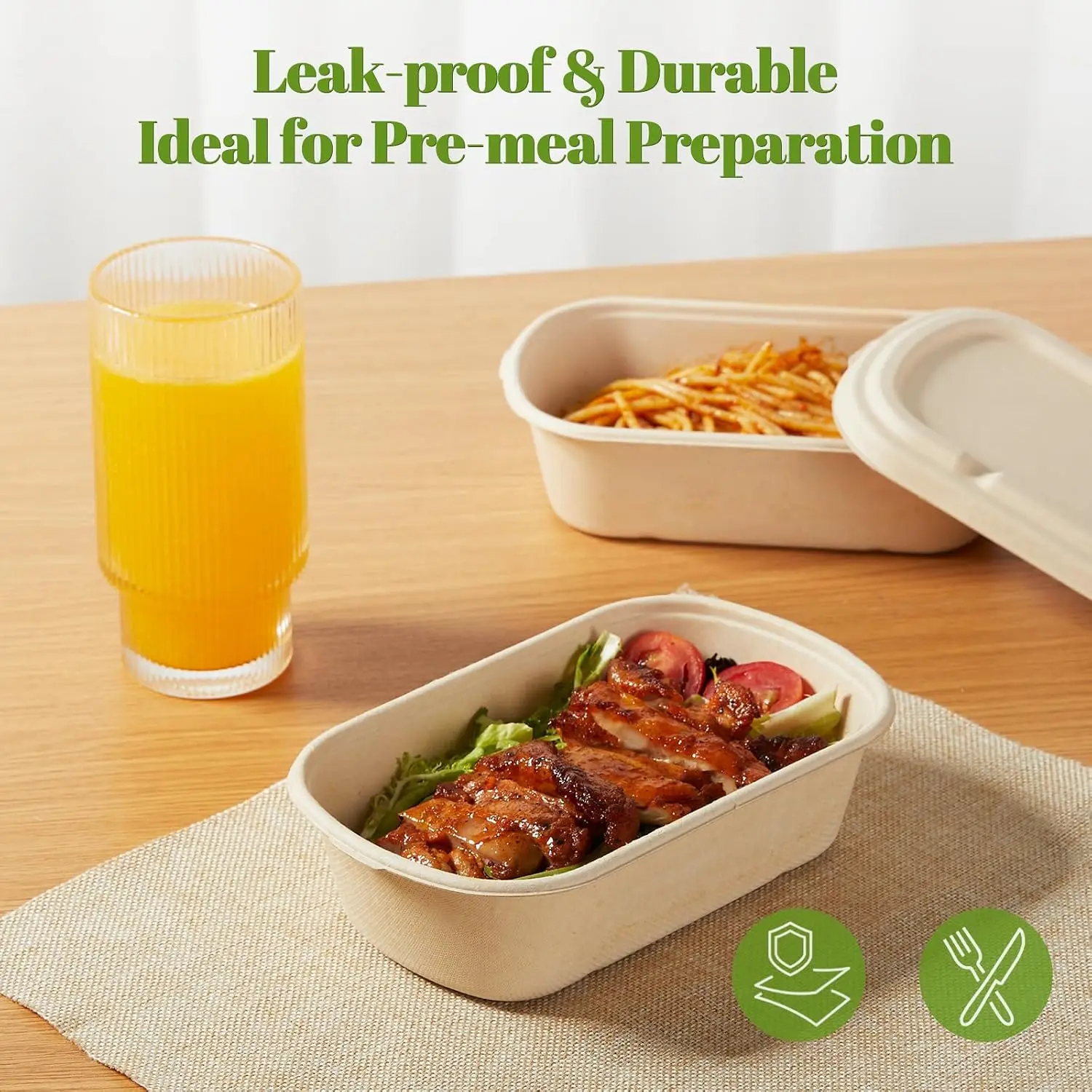 Disposable Food Containers with Lids 24oz Sugarcane Pulp Biodegradable Compostable Microwave Safe Take Out Boxes 50 Pack