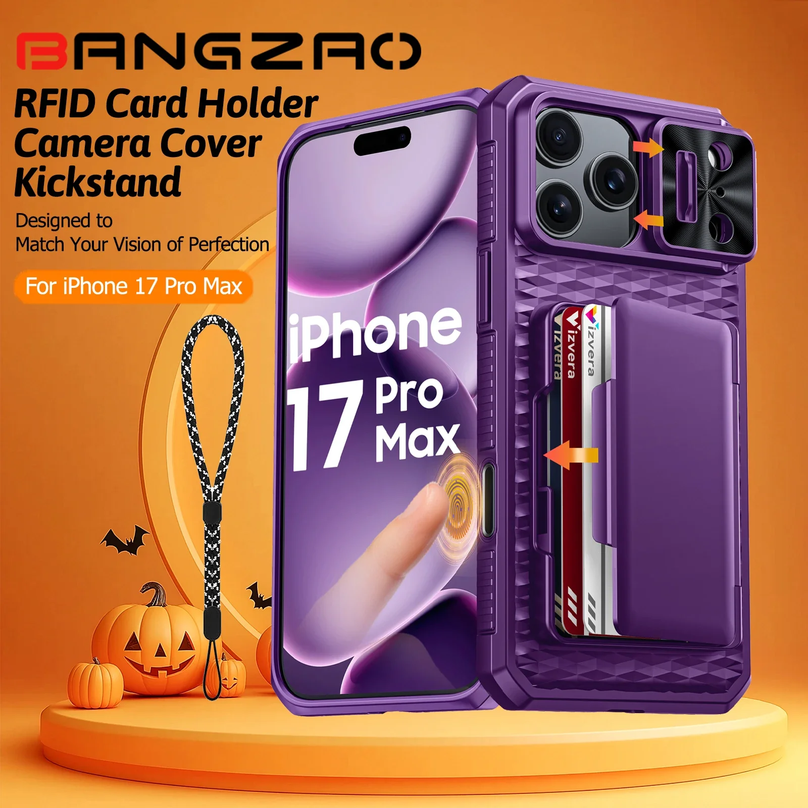 

Halloween Gifts With Card Holder Sliding Camera Cover And Stand For iPhone 17 Pro Max Case,Anti-Fall PC+TPU Wallet Case-Purple