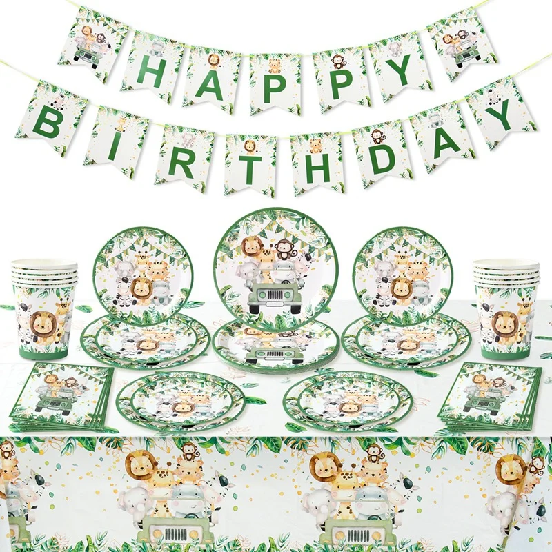 Jungle Birthday Decorations Party Supplies Animals Theme Tableware Tablecloth BackdropPaper Cups Plates Balloons Set Kids Favor