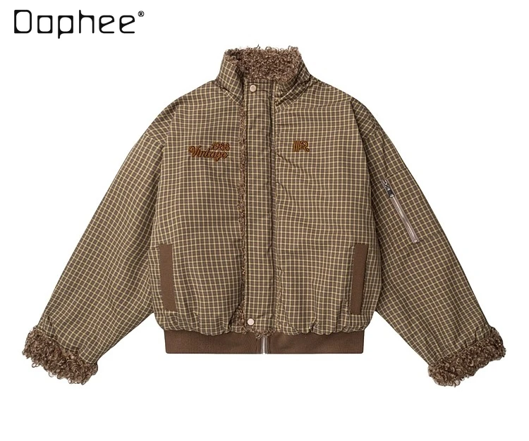 Autumn Winter New Retro Reversible Stand Collar Plaid Coffee Color Cotton Jacket American High Street Gray Men's Lamb Wool Coat