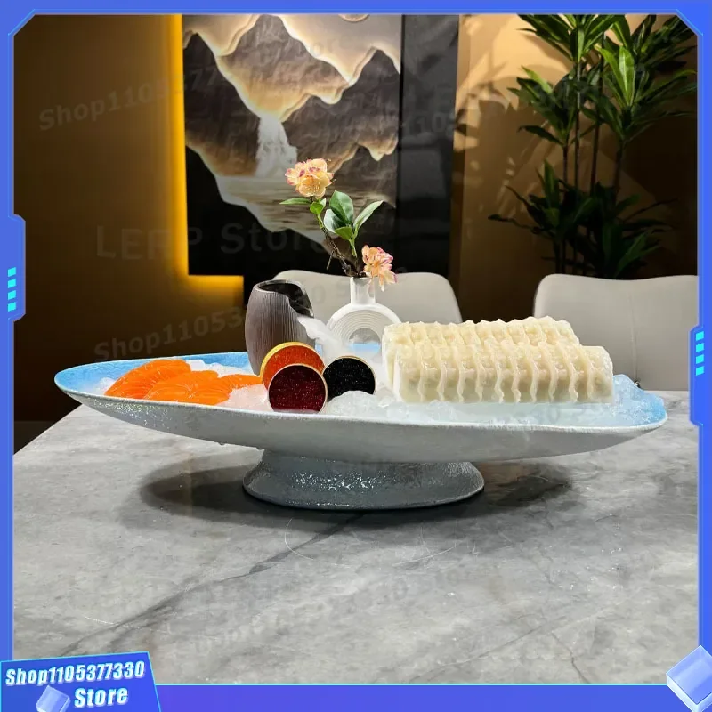 Dark Blue Ceramic Sashimi Plate Creative Fish Carving Dish High End Artistic Seafood Platter Salmon Serving Tray Ice Base