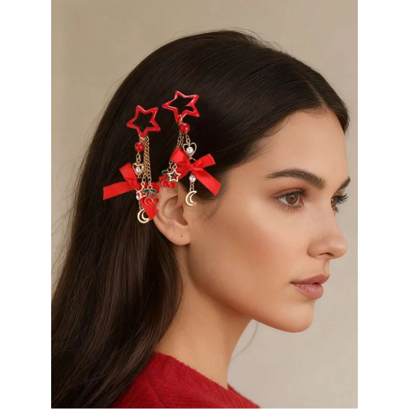 

2 шт. женских элегантных красных заколок для волос с подвесками (звезда, луна, вишня), заколки в стиле Y2K для вечеринок и повседневного использования.