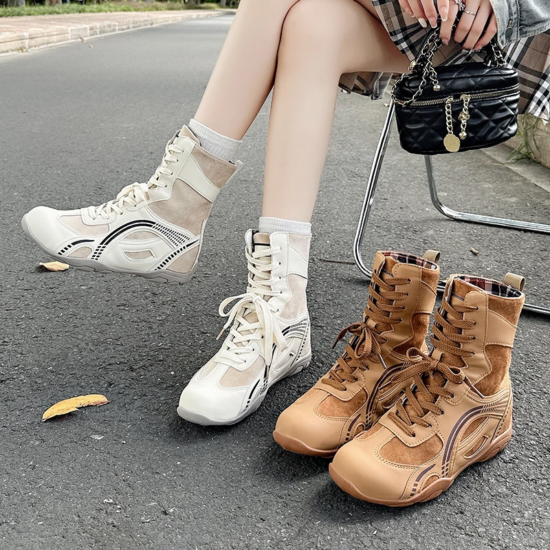 Новые женские одинарные ботинки на низком каблуке с круглым носком, осенние замшевые высокие берцы, спортивная обувь, нескользящие женские ботинки средней длины на шнуровке спереди