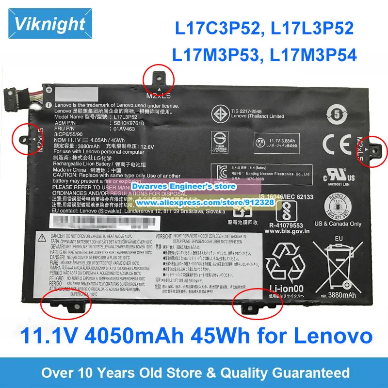 

Genuine 45Wh 11.1V L17L3P52 Battery L17C3P52 L17M3P53 L17M3P54 for Lenovo ThinkPad L480 L490 L580 L590 01AV465 01AV463 SB10K9761