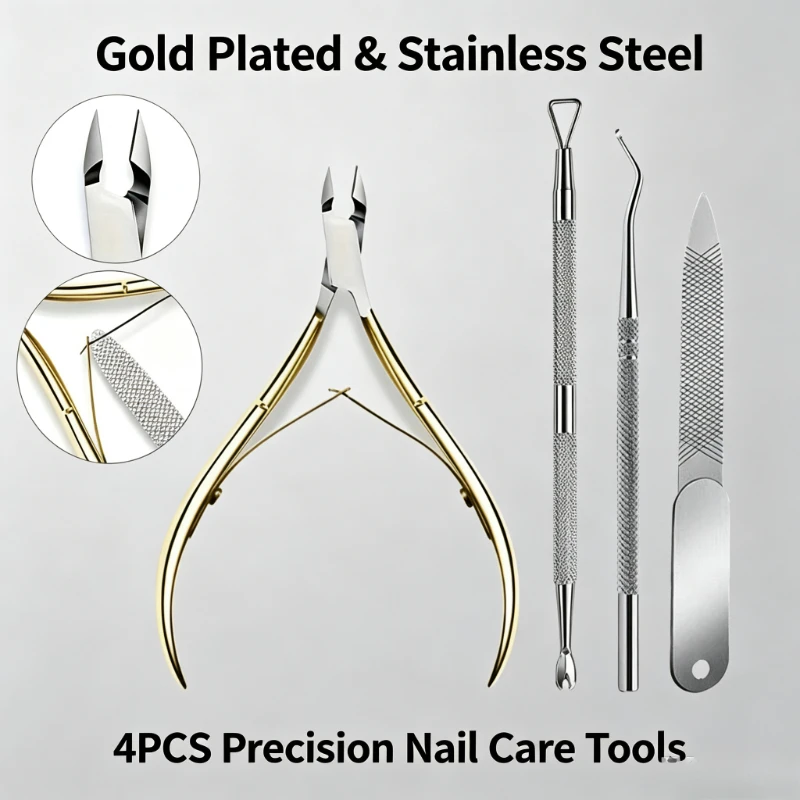 1/2/4Pcs Golden Cuticle Nipper & Scissors Set,Stainless Steel Nail Care Tools with Double Spring Non-slip Grip for Thick Nail