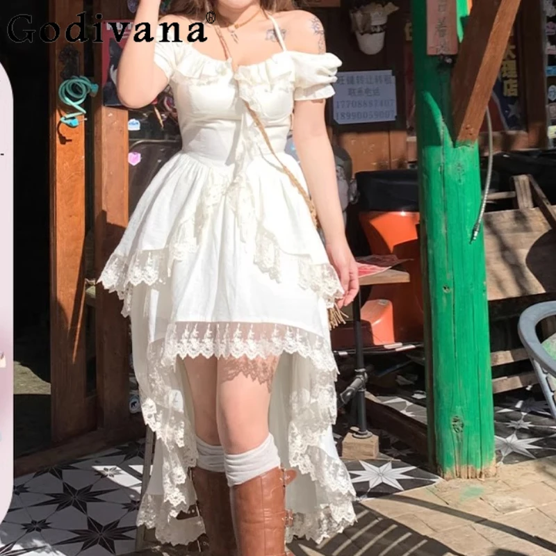 

Temperament Square Collar White Lace Irregular High Waist Fairy Dress Girl 2025 Summer New A-line Vacation Princess Long Dresses