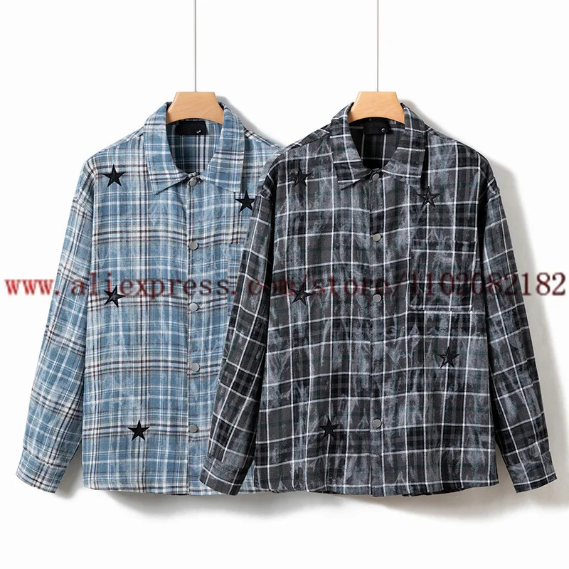 

Hip Hop Tie Dye Plaid Shirt Men Women Loose Autumn Coat Embroidered Star Logo Shirt Top