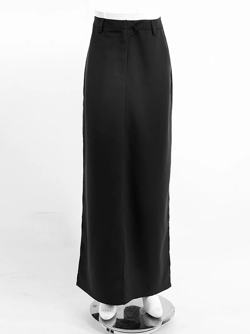 2022 Autumn Winter Women Elegant Maxi Skirts Solid Black High Waist Slit A-line Skirt For Women