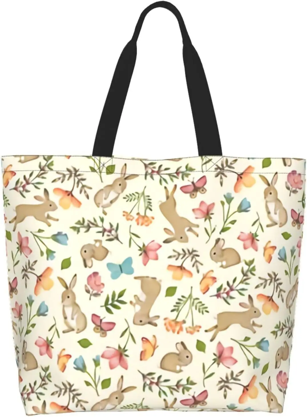 Cute Easter Bunny Floral Butterfly Tote Bag Casual Reusable Shoulder Shopping Grocery Bags for Women Men Spring Fashion