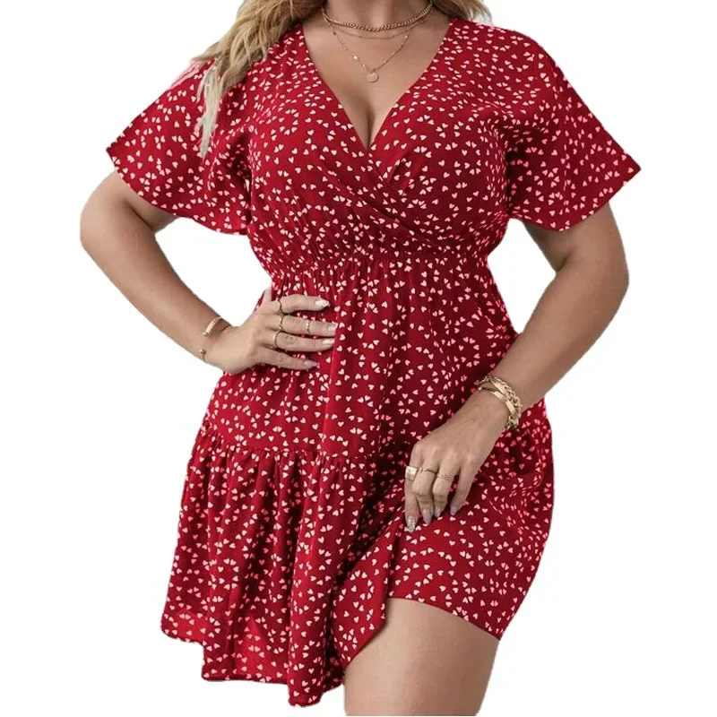 Sexy Deep V-Neck Mini Dresses For Women Summer Plus Size Print Ruffle Short Sleeve Boho Vestido Feminino A-Line Elegant Dress