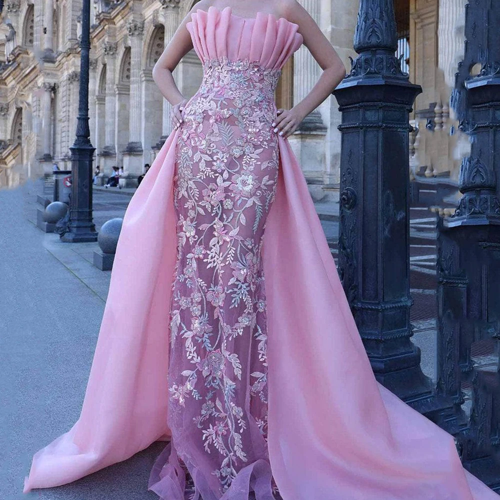 

Gorgeous Pink Evening Party Dresses Strapless Floor Length Trumpet Appliques Sleeveless Elegant Women Banquet Prom Gowns