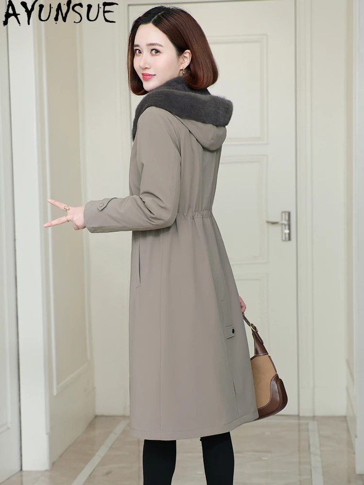 AYUNSUE 리얼 밍크 퍼 코트 여성용 2025 겨울 의류 중간 길이 파카 리얼 퍼 코트 여성용 코트 라이너 탈부착 가능
