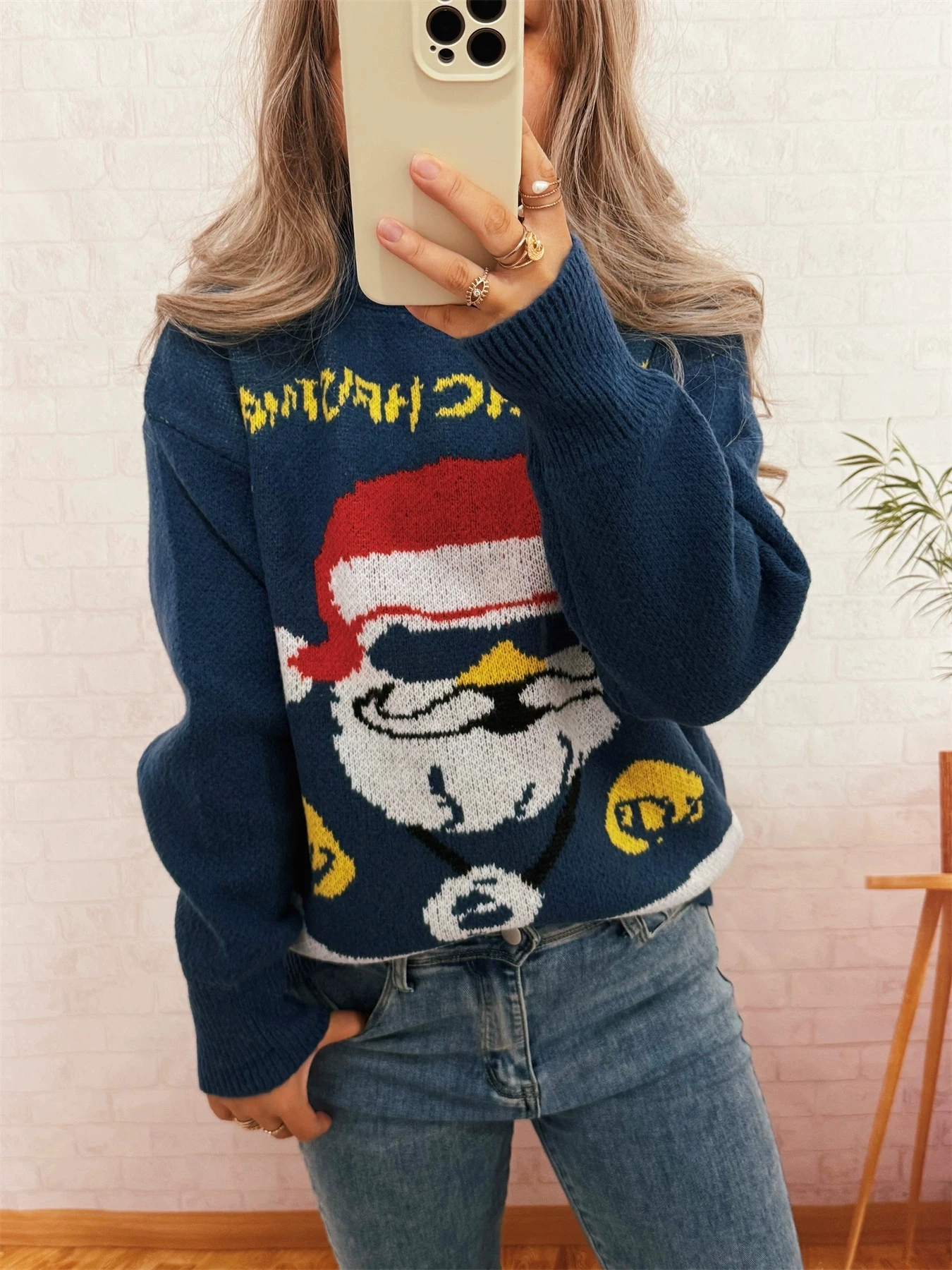 Mode Jacquard Gestrickte Hoodie Rundhals Casual Lose Faul Stil Langarm frauen Pullover Pullover top