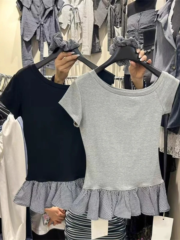 

Slimming Korean Style Short Sleeve T-Shirt Women's Pure Desire Waist-Cinching Shoulder-Baring Top Grey Plaid Patchwork