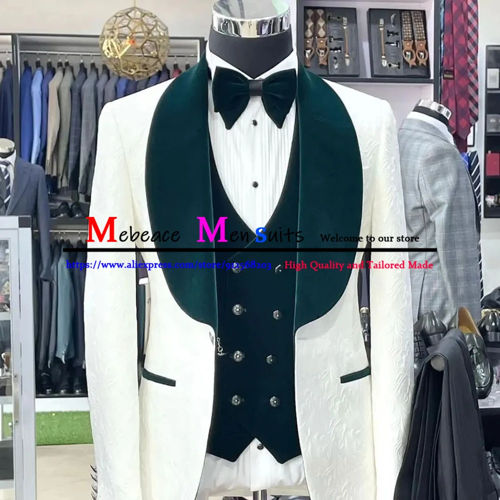 

Classic Ivory Jacquard Men's Suit for Wedding 3 Piece Sets Dark Green Velvet Lapel Wedding Dress Slim Fit Mens Suit Groom Tuxedo