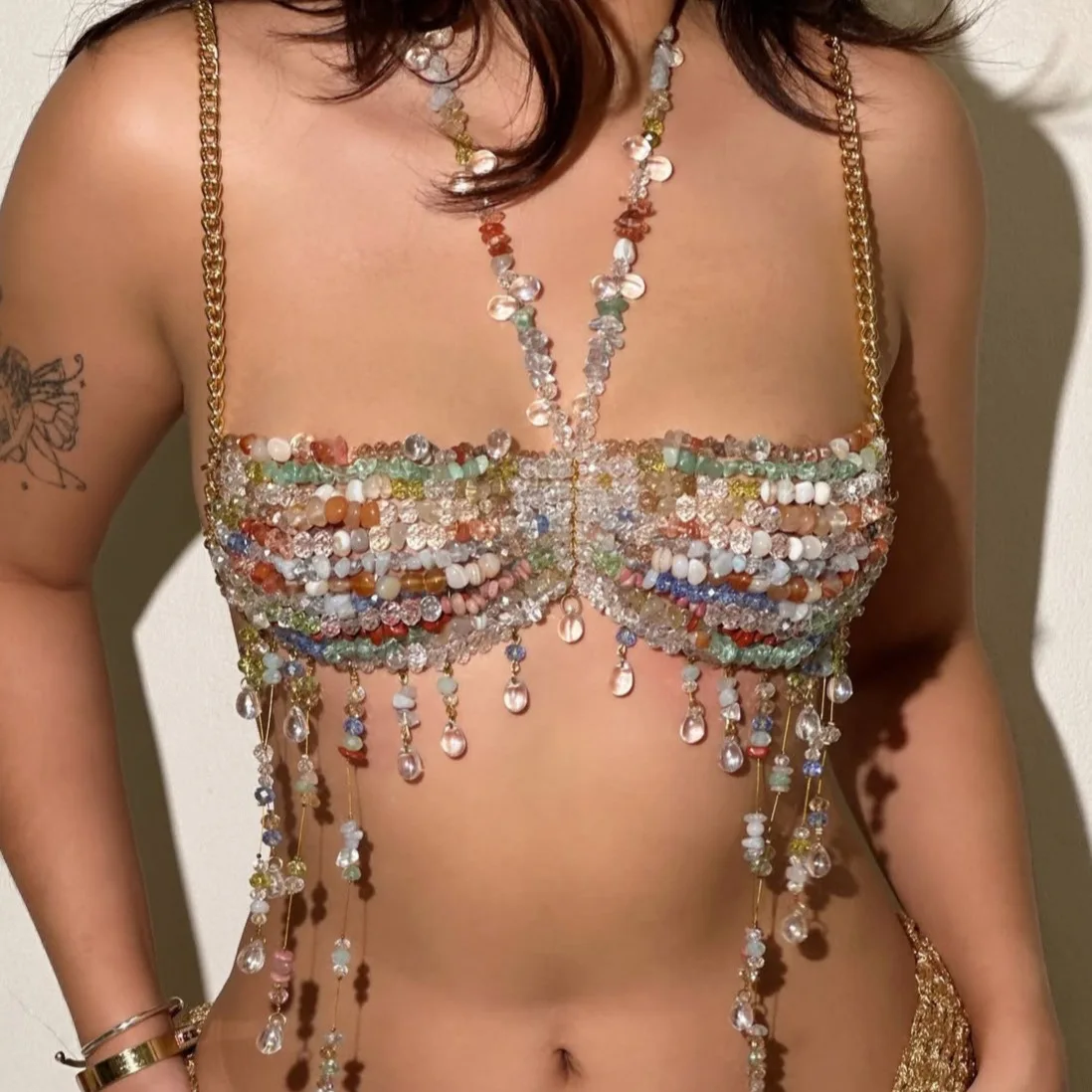 Mixed Colors Handmade Beads Jewelry Bra Chain Halter Vest Camis Tops Long Beading Tassel Party Dance Show Costume Night Clubwear